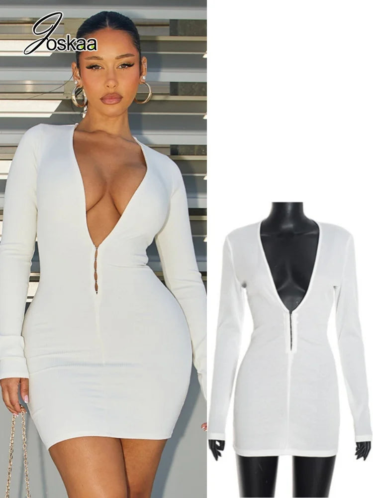 Women's Ribbed Knit V-neck Long Sleeve Bodycon Mini Dress - Women's Fashion Wholesale - Front View