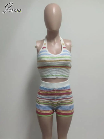 Women's Stripe Knit Backless Two Piece Set White – Detail View