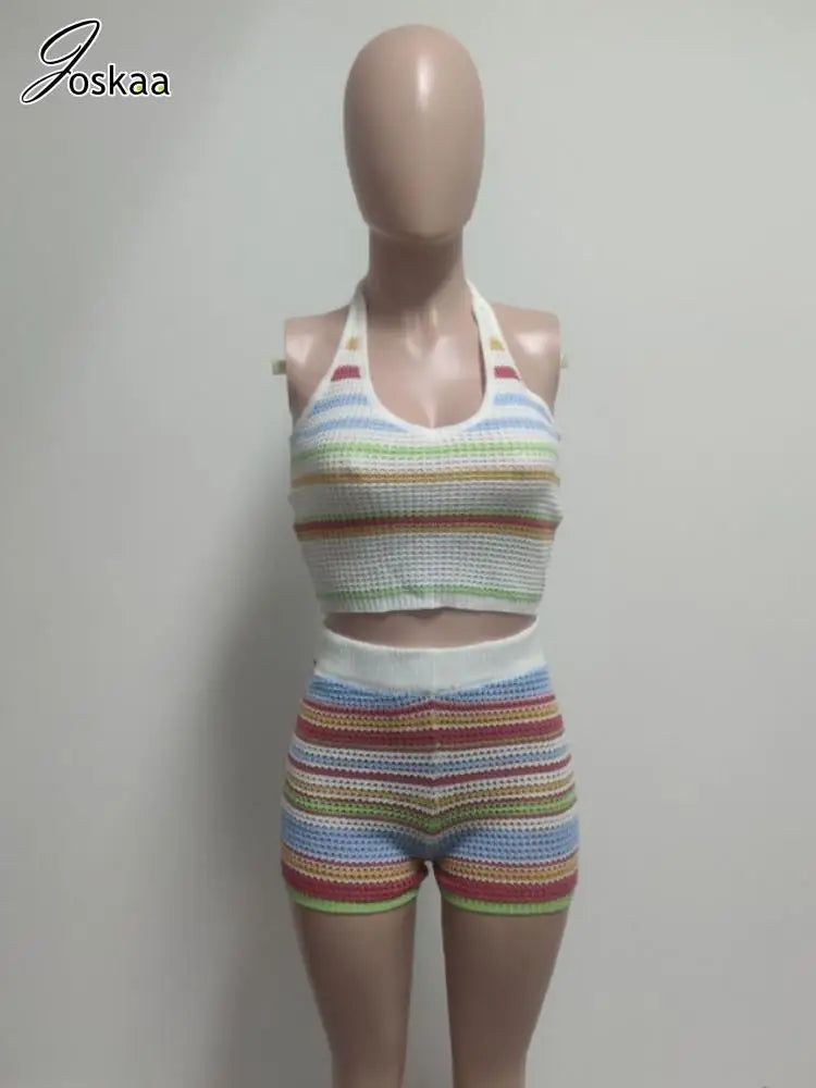 Women's Stripe Knit Backless Two Piece Set White – Detail View