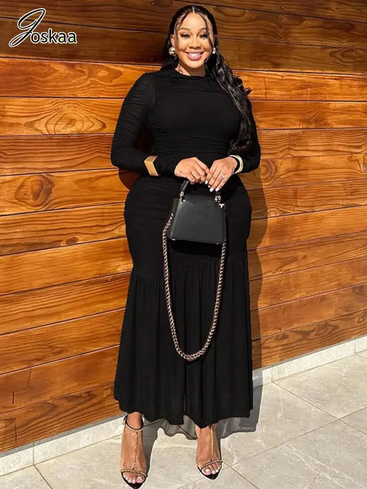 Women's Mesh Long Sleeve Bodycon Maxi Dress Black – Side View