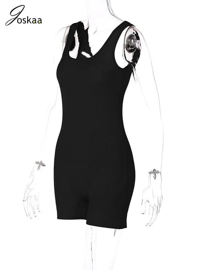 Women's Knit Backless Bodycon Ribbed Romper Black – Detail View