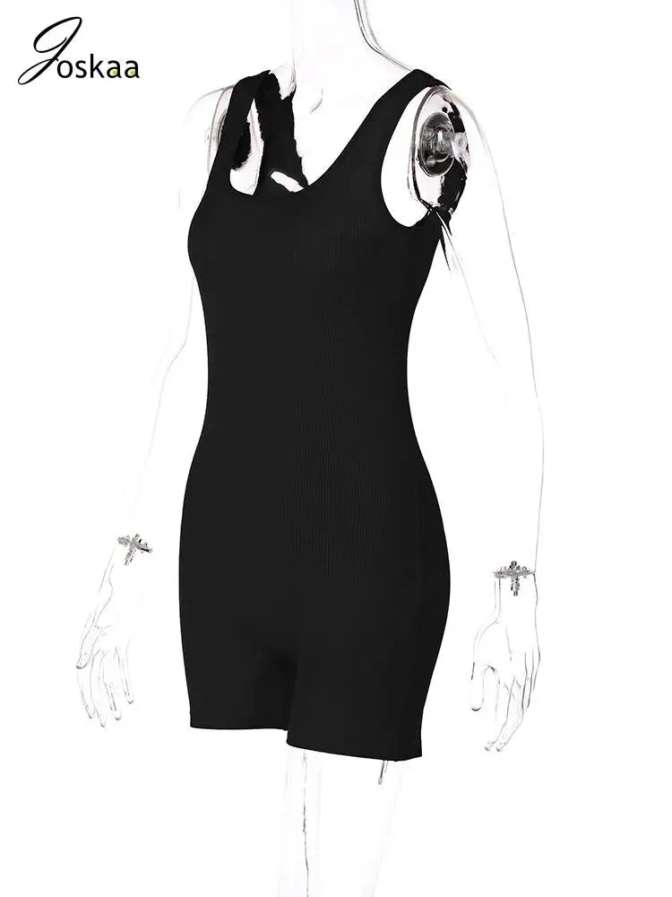 Women's Knit Backless Bodycon Ribbed Romper Black – Detail View