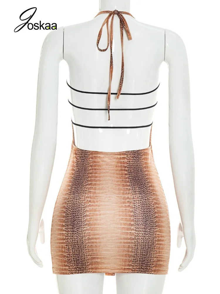 Women's Snake Print Cutout Halter Sleeveless Mini Dress - Detail View