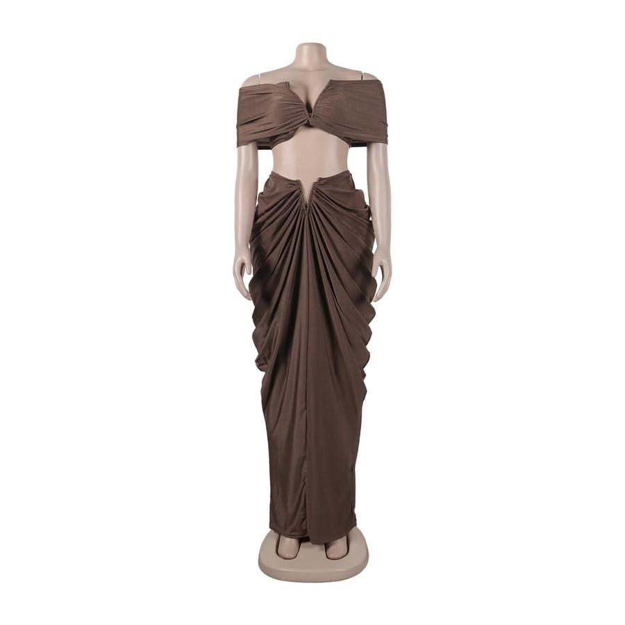 Women's Ruched Maxi Elegant Wrap Chest Two Piece Set