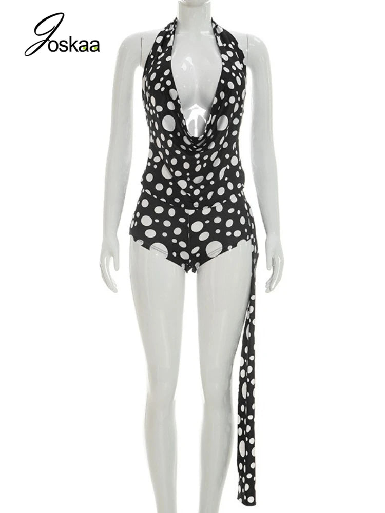 Women's Polka Dot Backless Halter Two Piece Set White – Back View