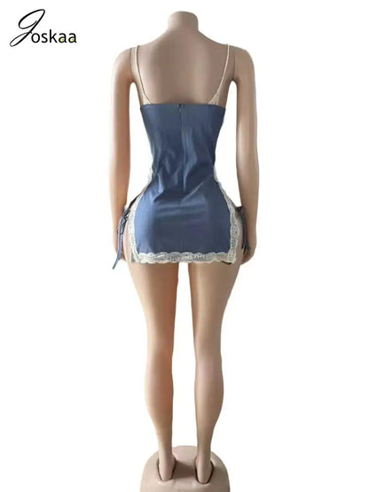 Women's Lace Sleeveless Splice Spaghetti Strap Mini Dress Blue – Detail View