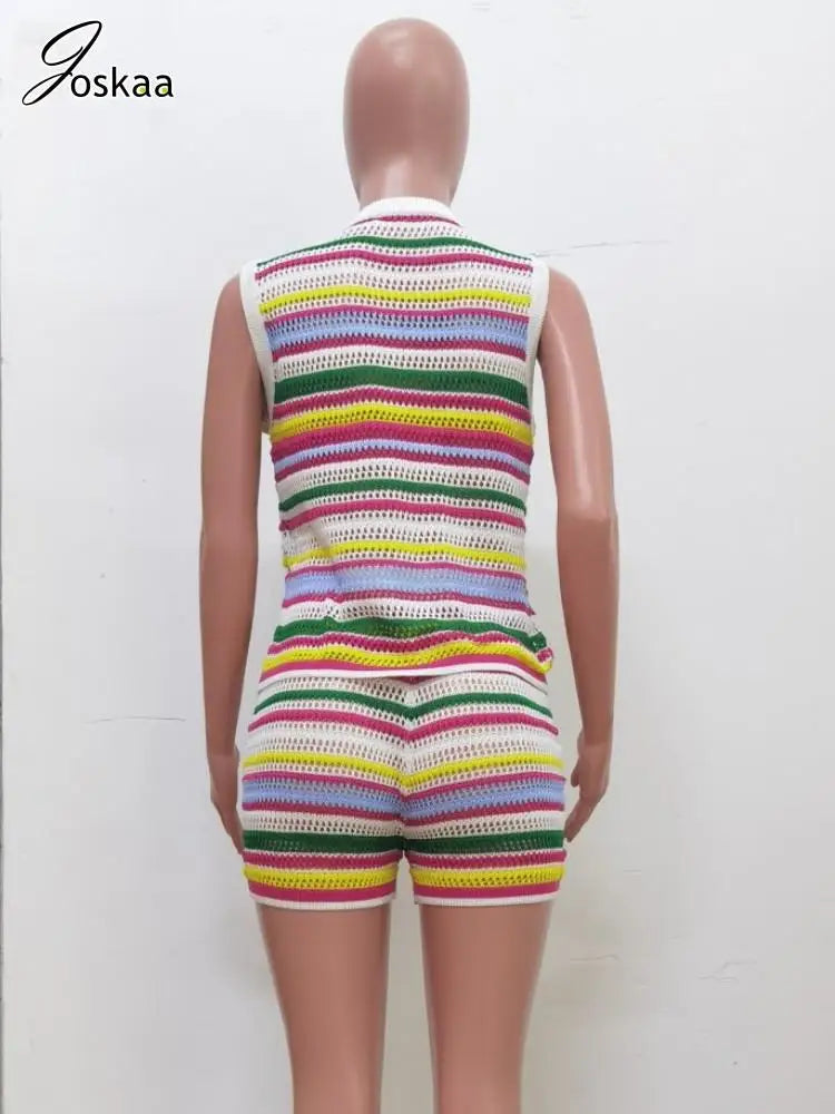 Women's Stripe Knit Sleeveless Two Piece Set Colorful – Detail View
