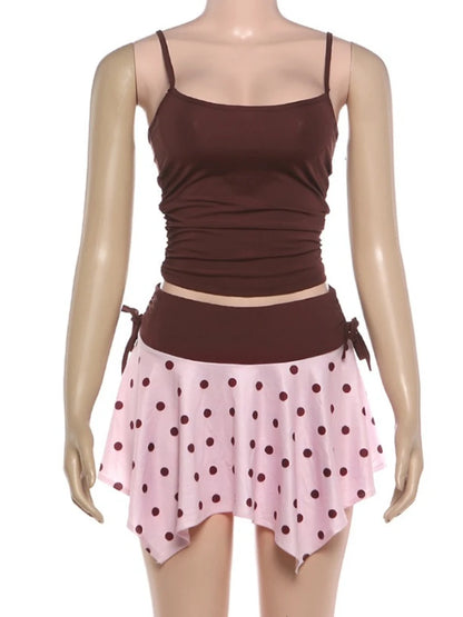 Women's Polka Dot Ruched Crop Two Piece Set Coffee – Back View