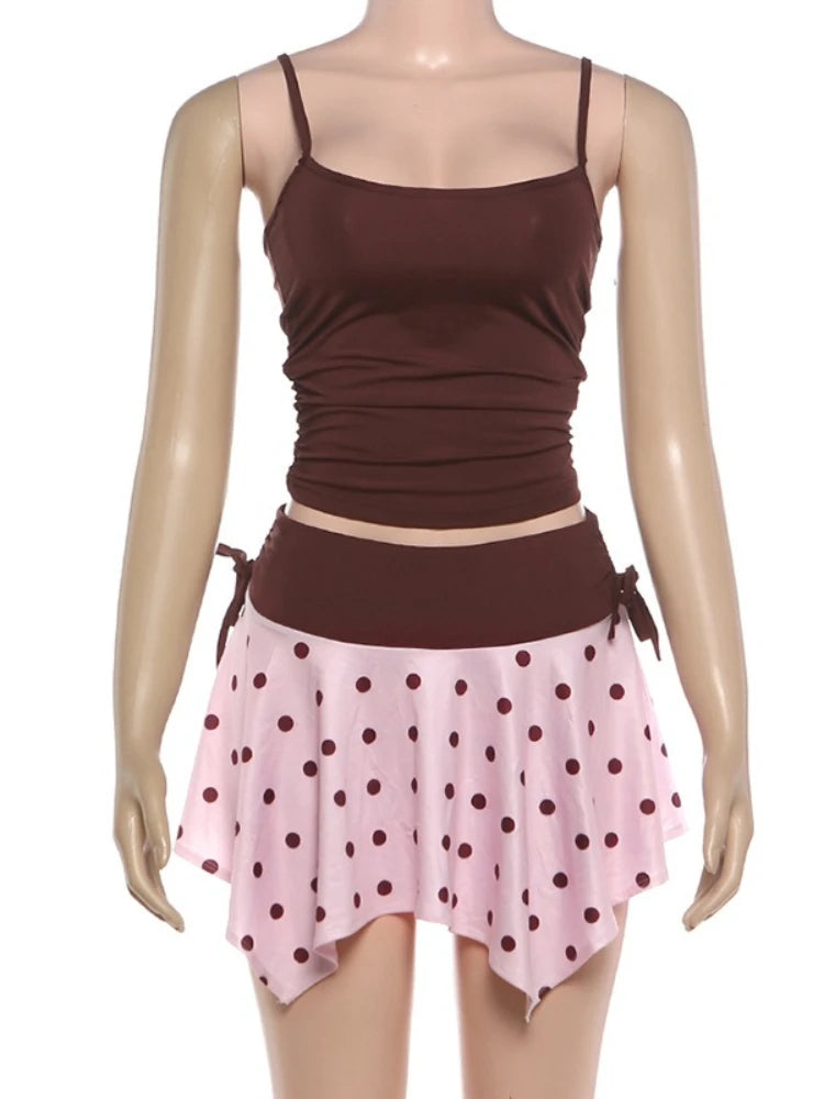 Women's Polka Dot Ruched Crop Two Piece Set Coffee – Back View