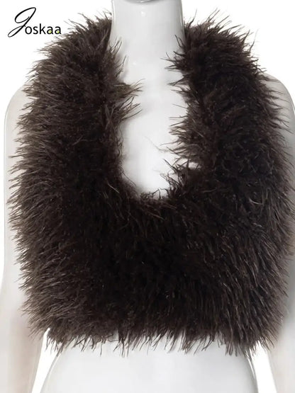 Women's Backless Halter Crop Faux Fur Waistcoat Jacket Brown – Back View