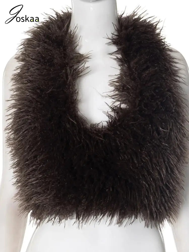 Women's Backless Halter Crop Faux Fur Waistcoat Jacket Brown – Back View