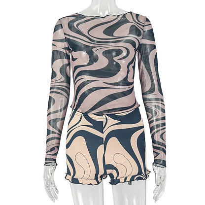 Women's Swirl Print Mesh Long Sleeve High Waist Two Piece Set - Additional View 7