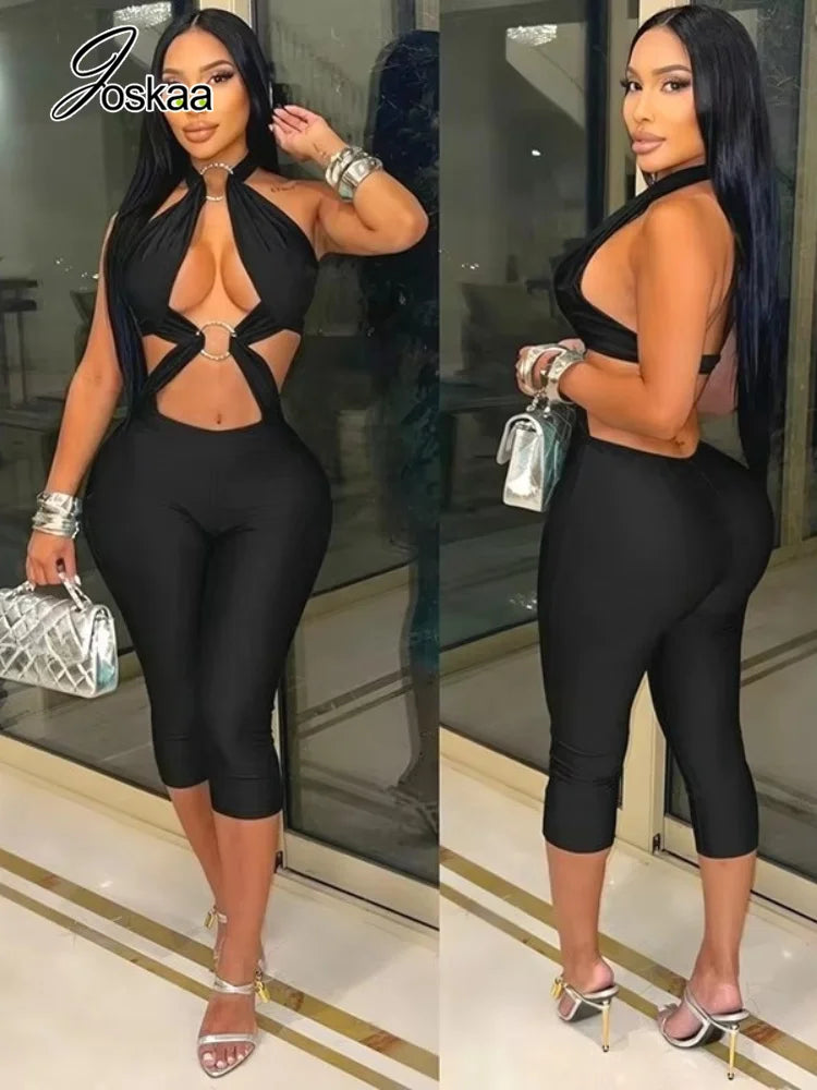 Women's Backless Cutout Halter Bodycon Romper - Side View