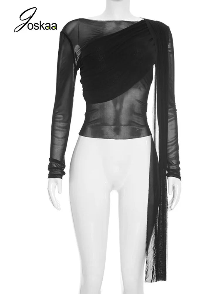 Women's Mesh Ruched Long Sleeve Bodycon Top - Back View