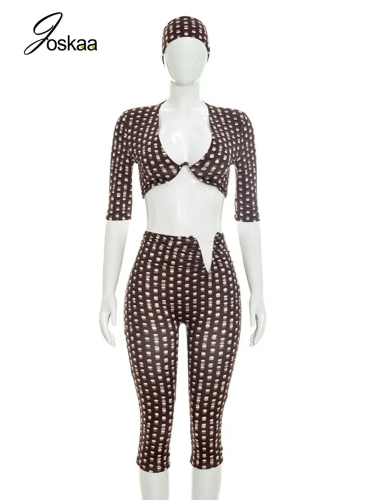 Women's Polka Dot Ruched V-neck High Waist Two Piece Set - Back View