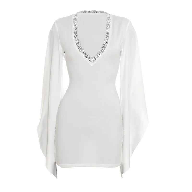 Women's Lace V-neck Long Sleeve Bodycon Mini Dress - Additional View 7