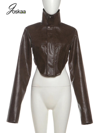 Women's Faux Leather Long Sleeve Crop Jacket Coffee – Back View