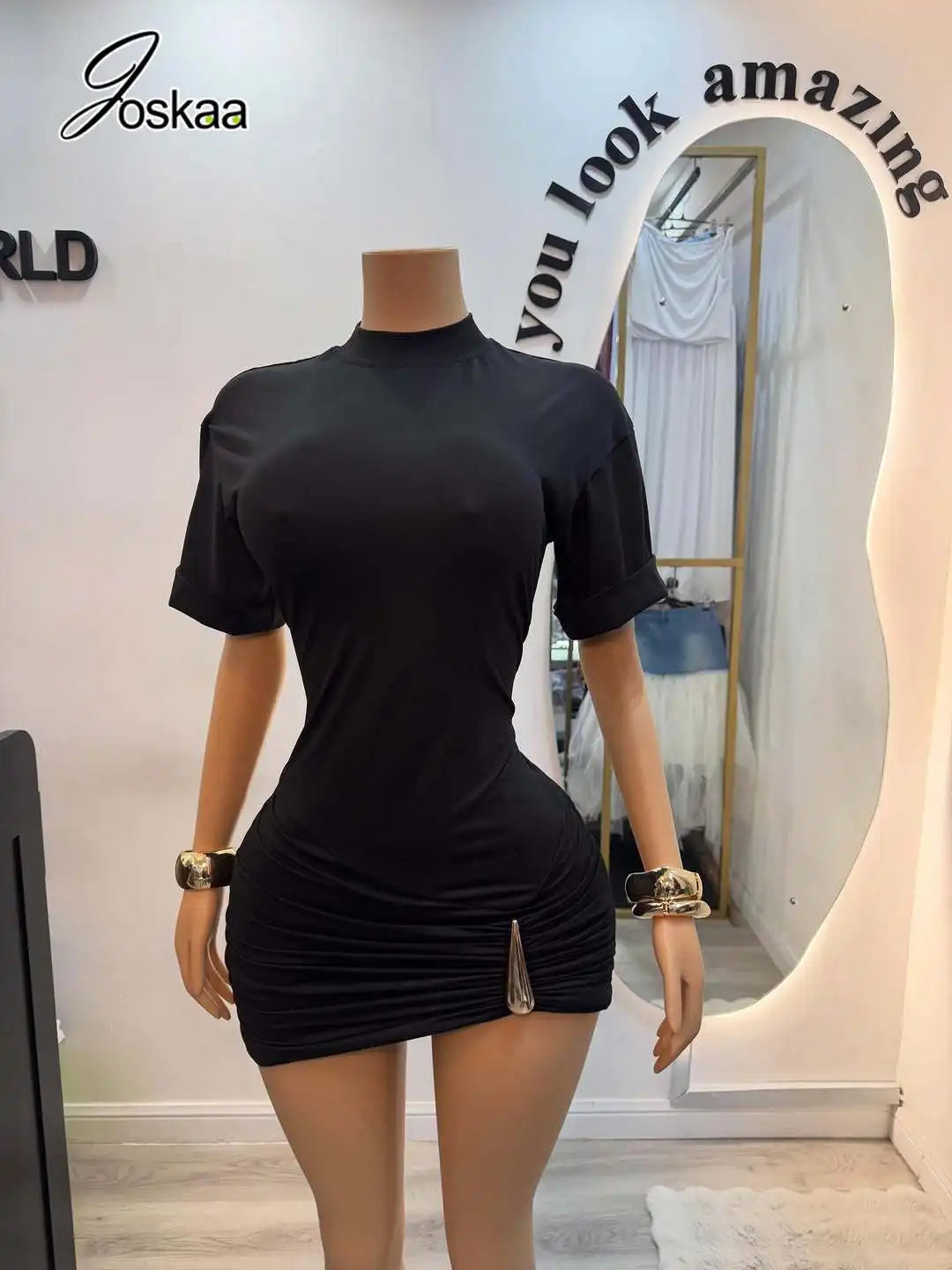 Women's Ruched Short Sleeve Bodycon Mini Dress Black – Back View