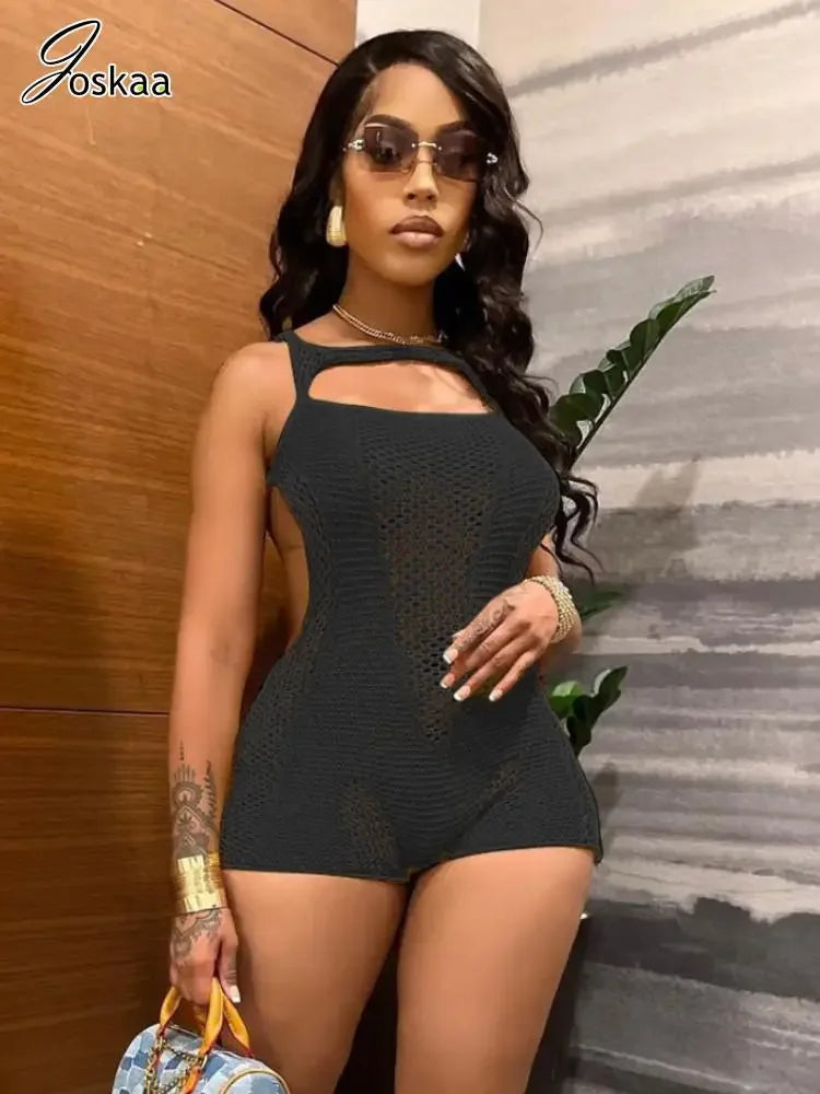 Women's Knit Backless Sleeveless Bodycon Romper Black – Back View