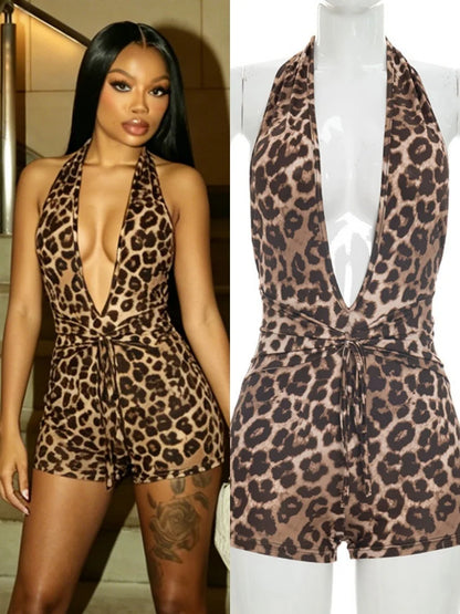 Women's Leopard Print Backless V-neck Halter Romper - Additional View 8
