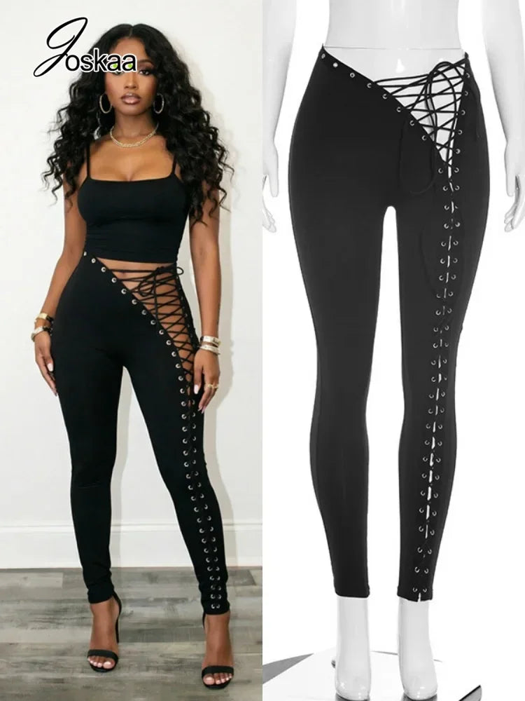 Women's Lace Cutout Bodycon Pants Lace-up Tight Trousers - Women's Fashion Wholesale - Front View