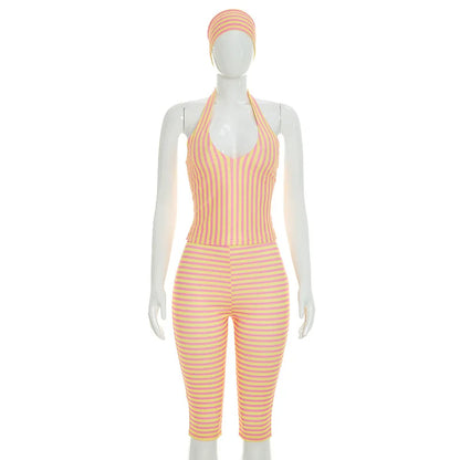 Women's Striped Backless Halter High Waist Two Piece Set - Detail View 8