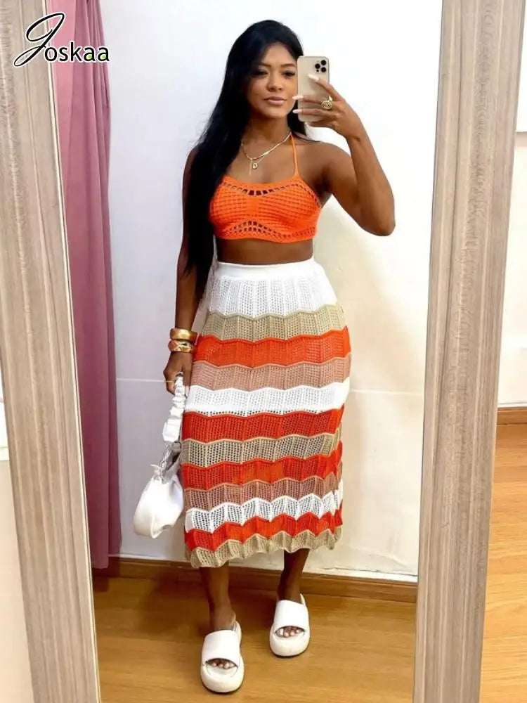 Women's Knit Halter Maxi Ribbed Two Piece Set Blue – Front View