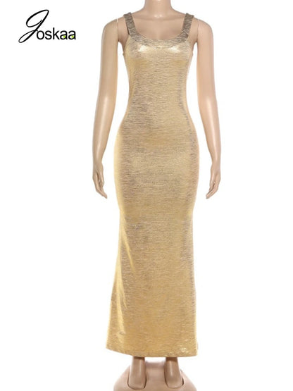 Women's Sleeveless Glossy Texture Spaghetti Bodycon Dress Gold – Back View