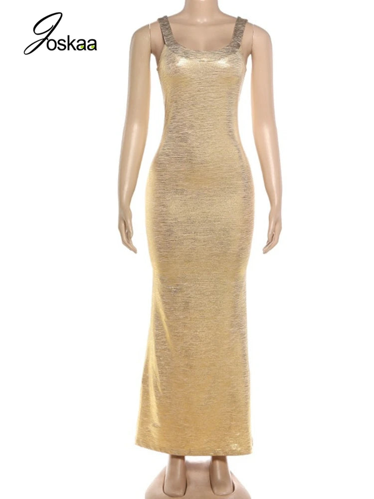 Women's Sleeveless Glossy Texture Spaghetti Bodycon Dress Gold – Back View