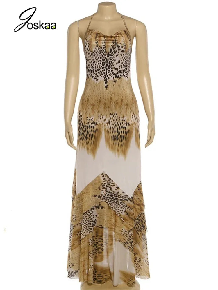 Women's Leopard Print Lace Backless Dress Khaki – Back View