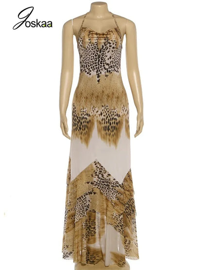 Women's Leopard Print Lace Backless Dress Khaki – Back View