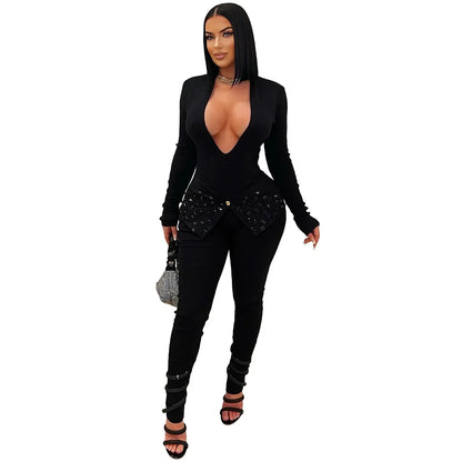 Women's Rhinestone Long Sleeve Bodycon Romper