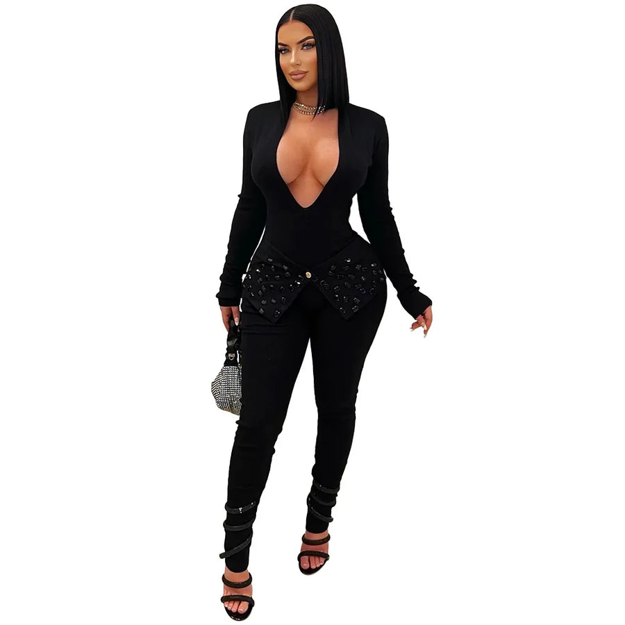Women's Rhinestone Long Sleeve Bodycon Romper