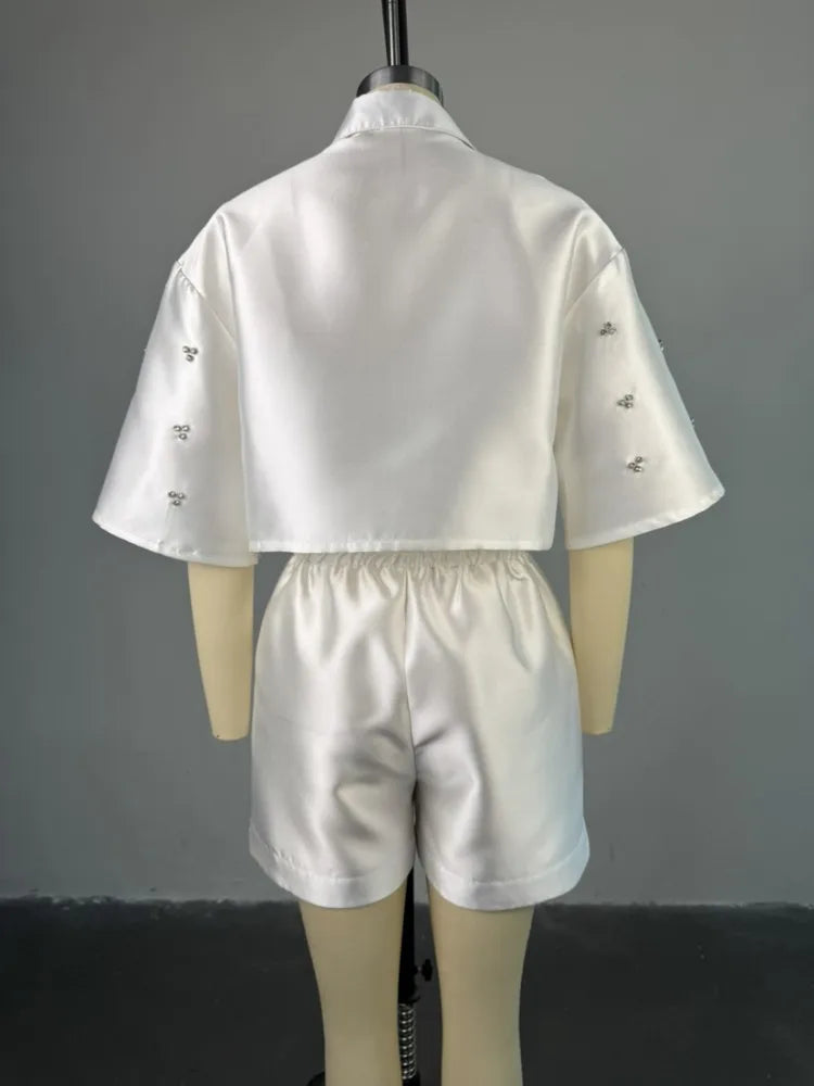 Women's Crop Beading Lapel Batwing Two Piece Set White – Detail View