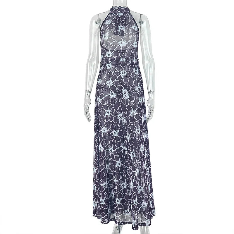 Women's Floral Print Lace Mesh Backless Dress