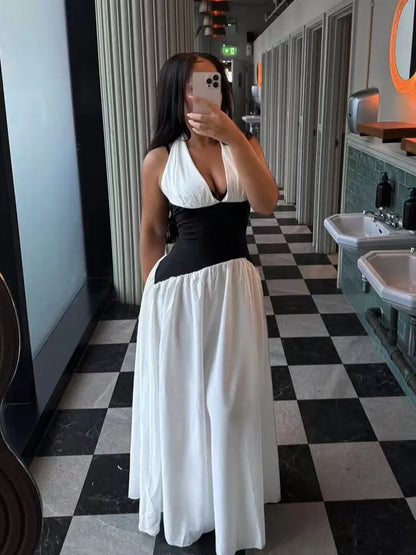 Women's Backless Halter Bodycon Maxi Dress Black And White – Front View