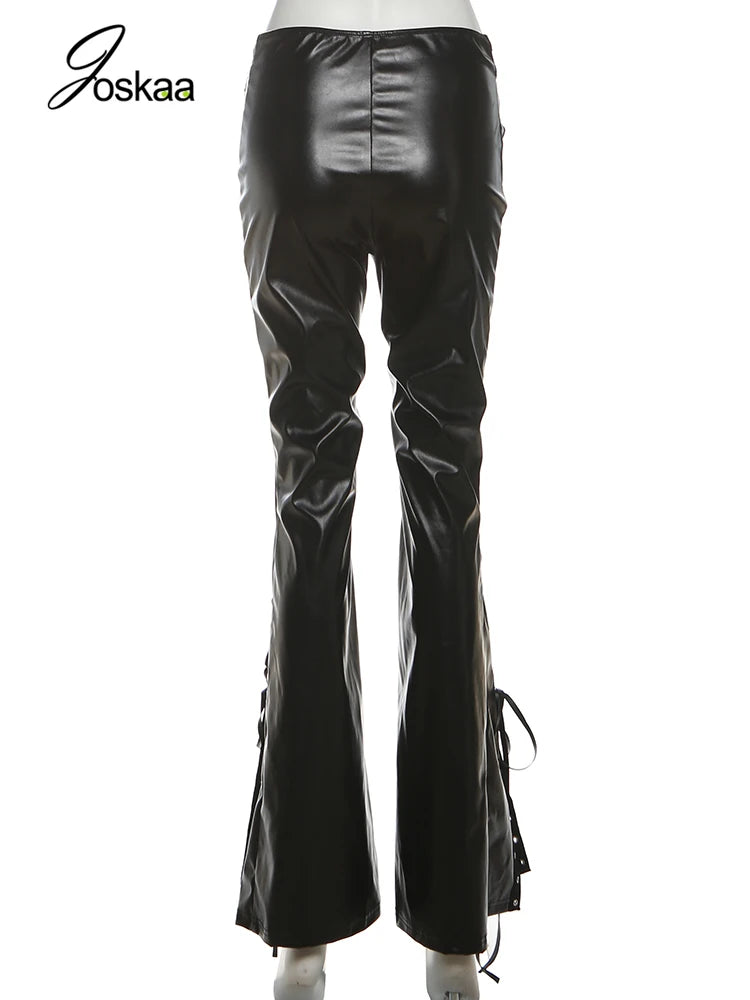 Women's Lace Faux Leather Cutout Wide Leg Pants Black – Detail View
