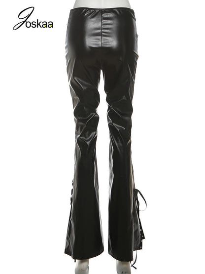 Women's Lace Faux Leather Cutout Wide Leg Pants Black – Detail View