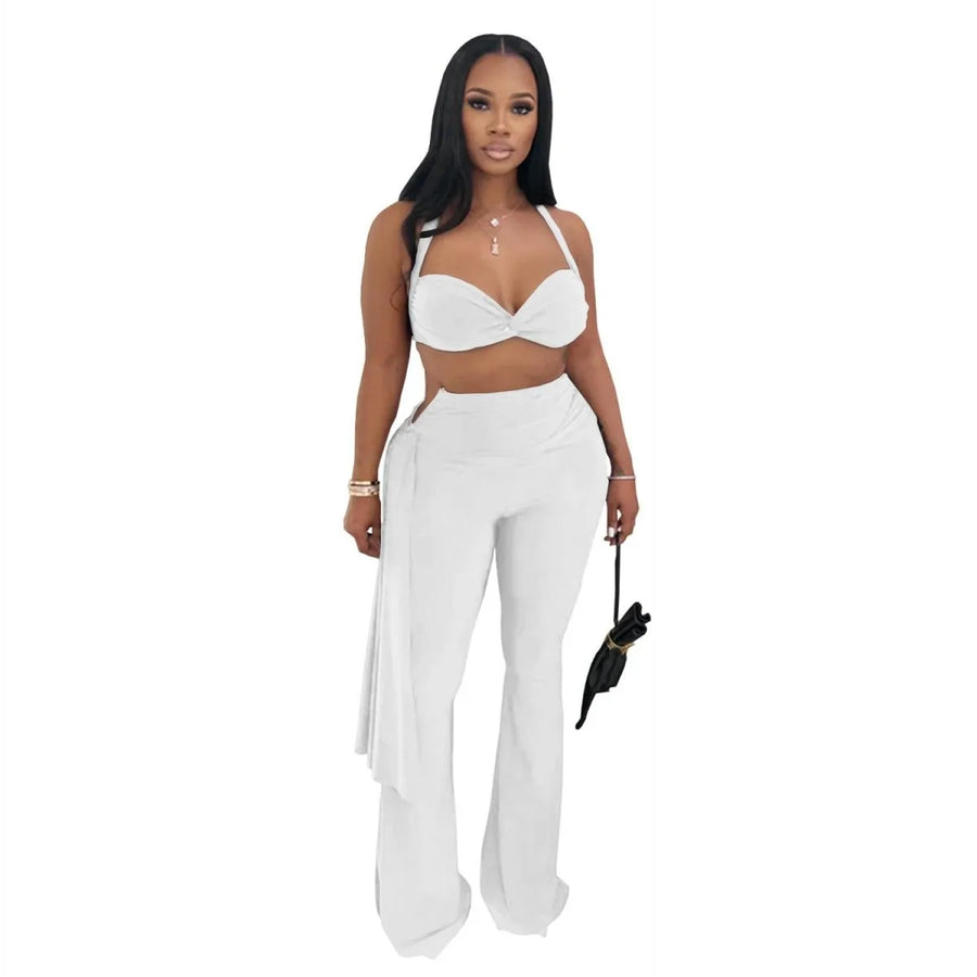 Women's Ruched Backless Halter Two Piece Set