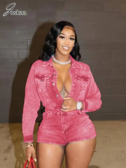 Women's Denim Long Sleeve Bodycon Romper Pink – Front View