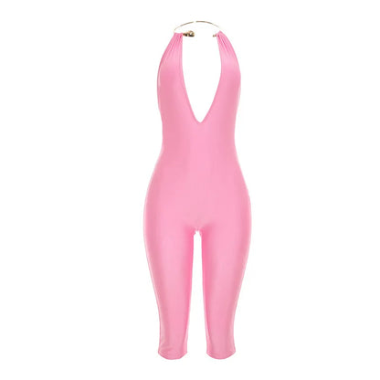 Women's Faux Leather Backless V-neck Halter Romper - Additional View 7