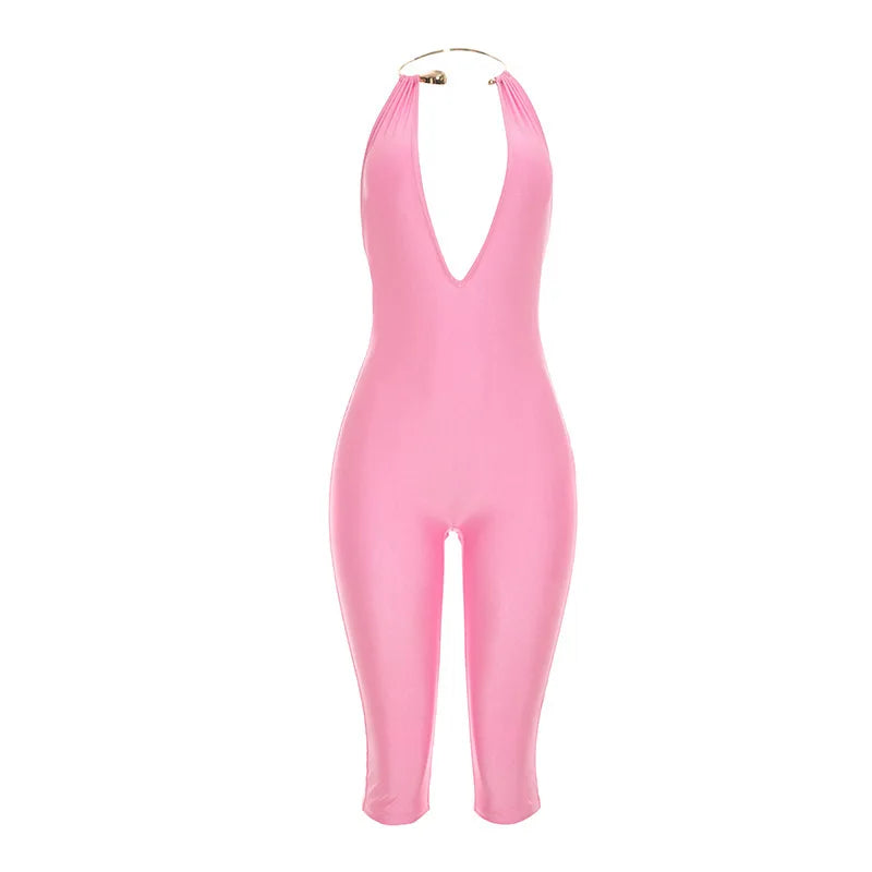 Women's Faux Leather Backless V-neck Halter Romper - Additional View 7