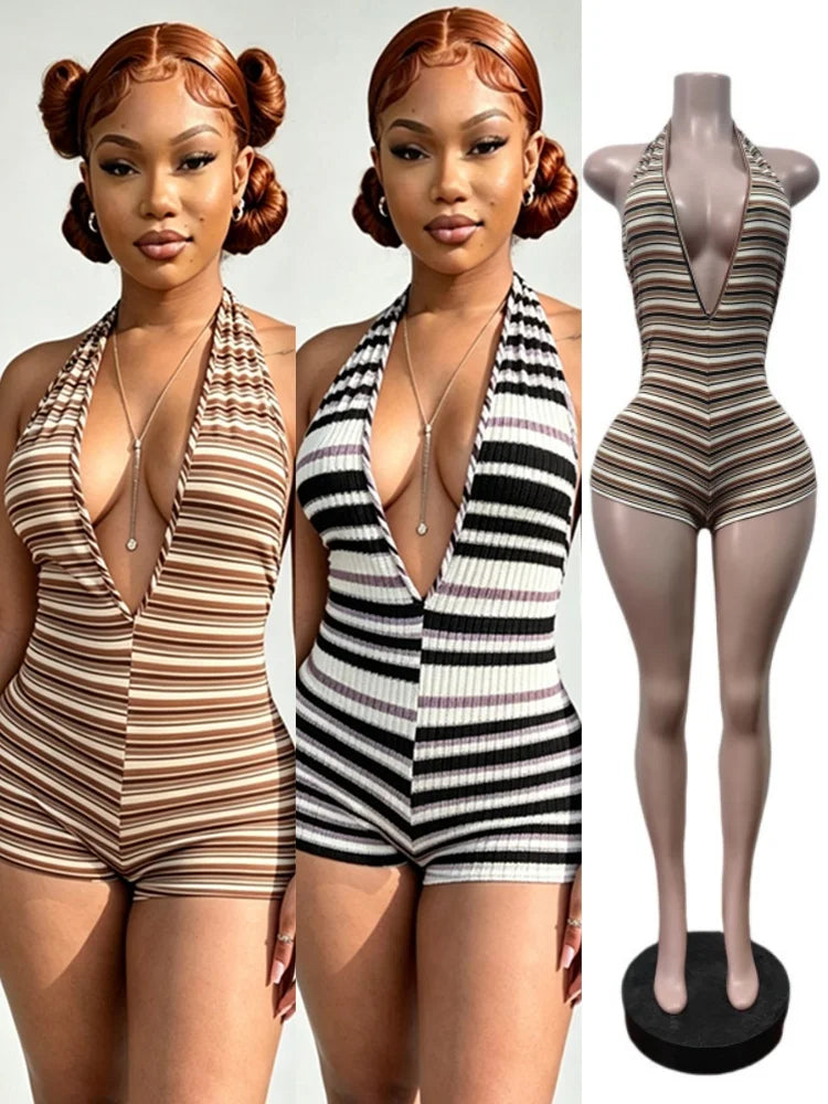 Women's Striped Backless V-neck Halter Romper - Additional View 8