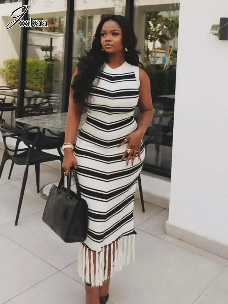 Women's Stripe Knit Sleeveless Bodycon Dress – Women's Fashion Wholesale – Front View