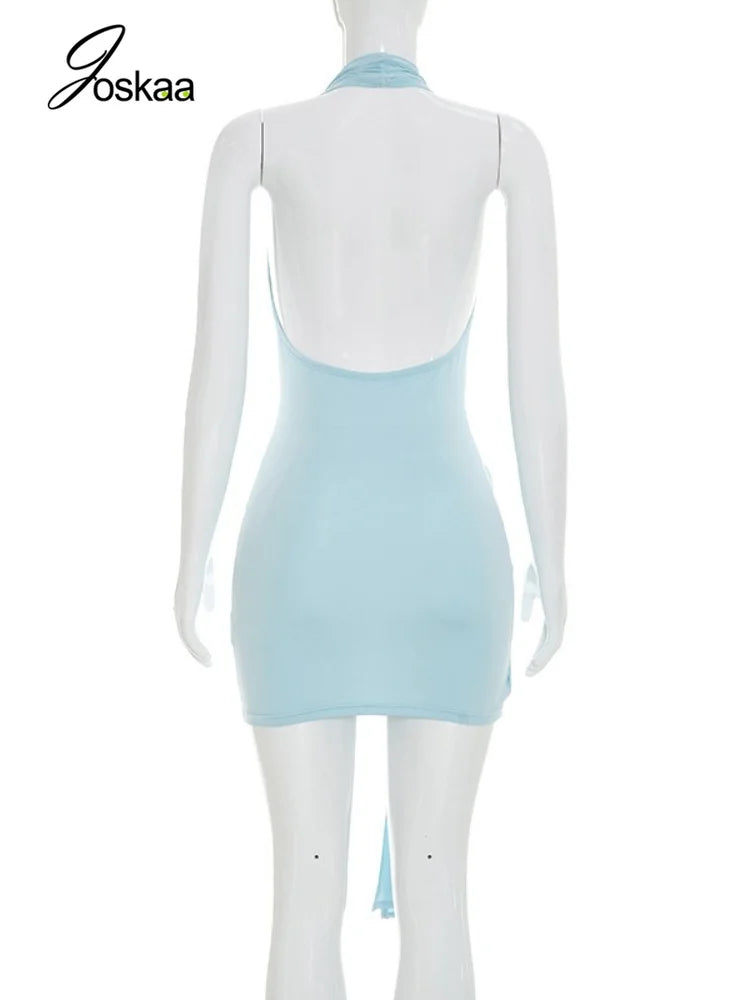 Women's Backless Halter Sleeveless Mini Dress Blue – Detail View