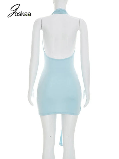 Women's Backless Halter Sleeveless Mini Dress Blue – Detail View