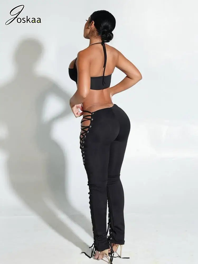 Women's Cutout Halter Fall Black Vests Two Piece Set Creamy White – Front View