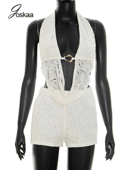 Women's Lace Backless Halter Two Piece Set White – Back View