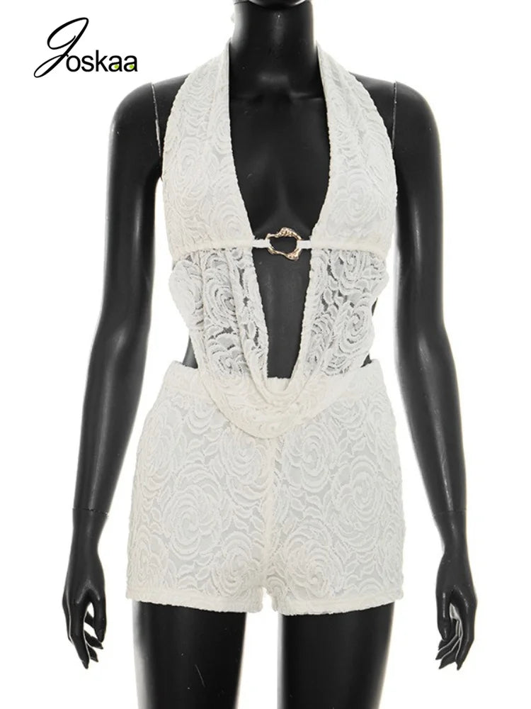 Women's Lace Backless Halter Two Piece Set White – Back View