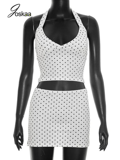 Women's Polka Dot Backless Halter Two Piece Set Black – Back View